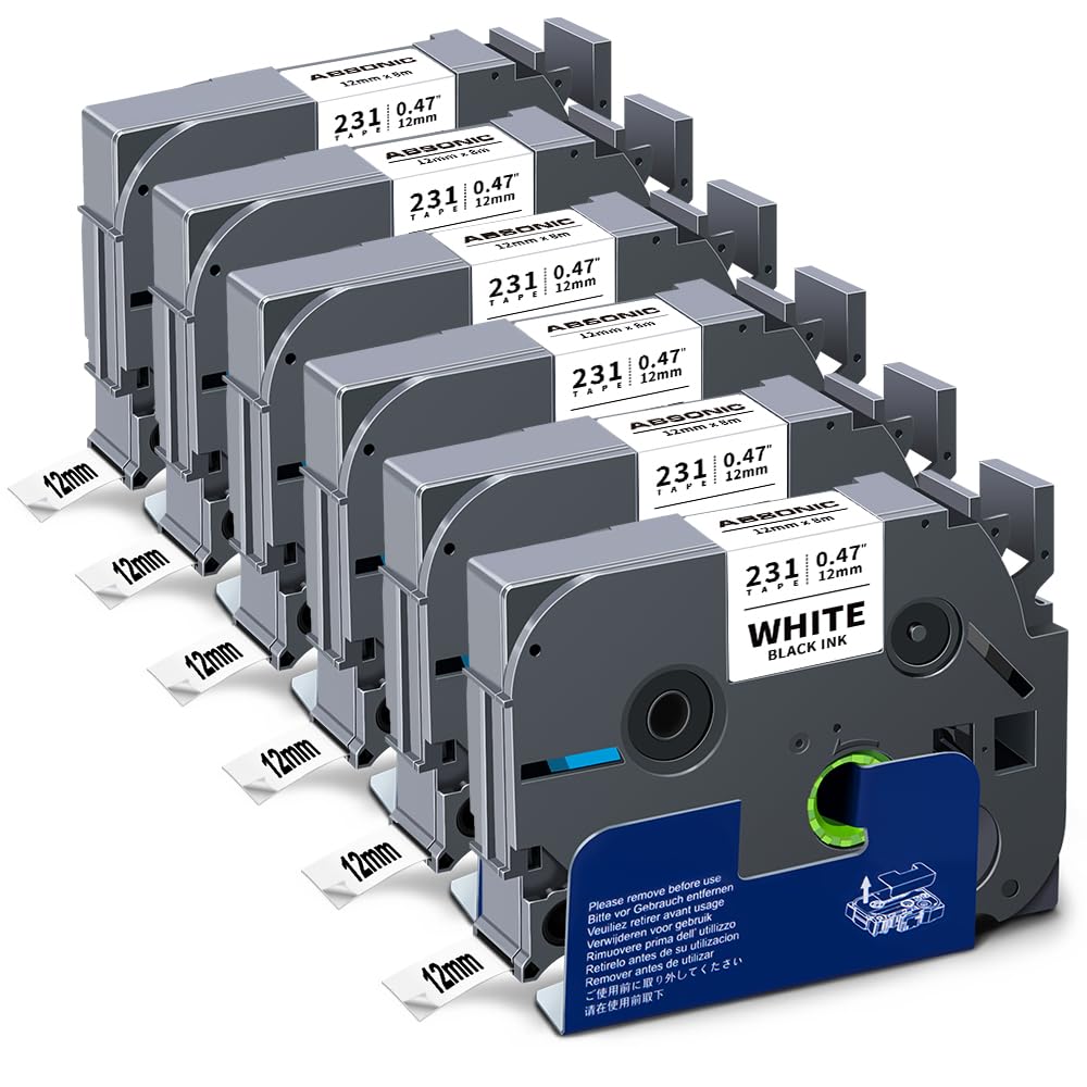 Photo 1 of Absonic 12mm 0.47 Laminated White Tz-231 Tape Compatible for Brother Tze-231 Tze Tape 1/2 Inch Refills Work for P Touch Label Maker PTD220 PTD210 PTH110 PTP710 PT-610BT PTD400, Black on White, 6 Pack