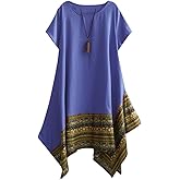 Minibee Women's Ethnic Cotton Linen Short/Long Sleeves Irregular Dress