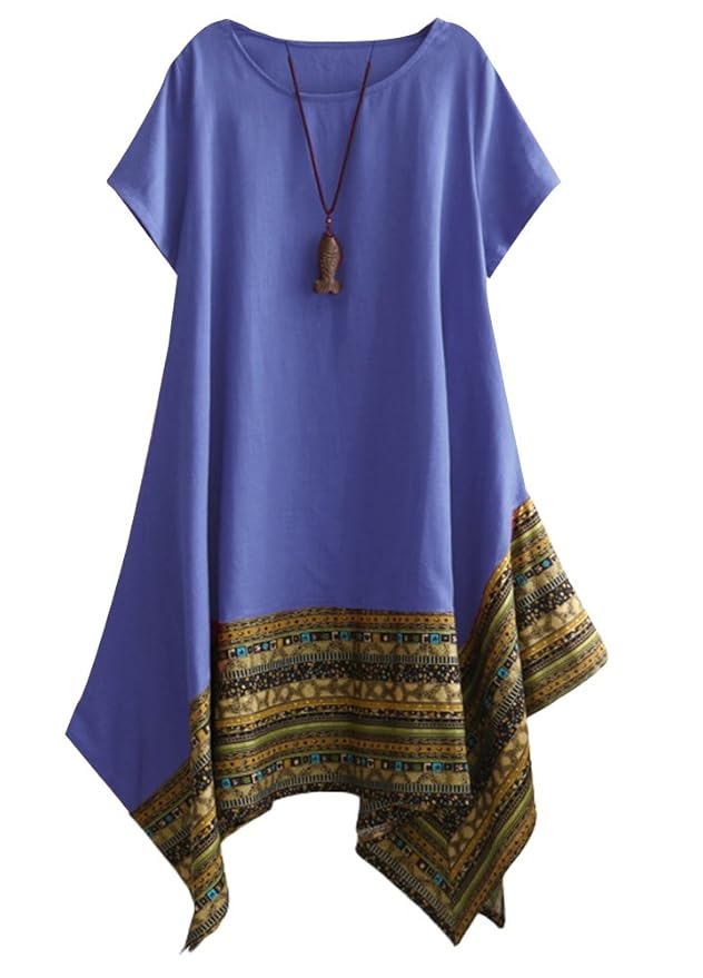 Vogstyle Damen Sommer Kleid Kurzarm Unregelmäßige Saum Ethnisch Mischfarben Baumwolle Leinen Lang Bluse Shirt