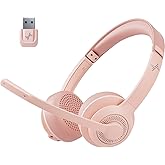 JIAMQISHI Wireless Headset with AI Noise Cancelling Microphone Bluetooth Headset - Bluetooth V5.2 Headphones with USB Dongle & Mic Mute for Computer/Laptop/PC/iPhone/Android/Cell Phones (Pink)