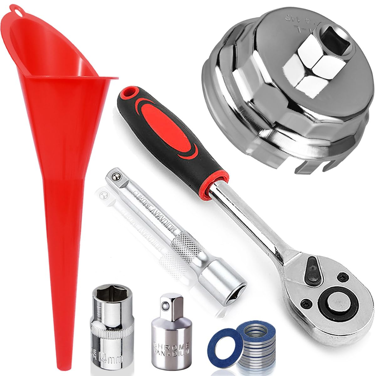 RUNEWAX Oil Filter Wrench Tool Set For Toyota Camry Tacoma Tundra Highlander 4Runner Sienna Cruiser 2.5-7.5L Engine, 64mm Oil Filter Wrench Ratchet Wrench Extension Rod 14mm Socket Gasket - View #2