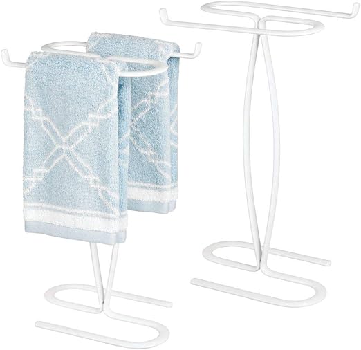 Amazon Com Mdesign Decorative Modern Metal Fingertip Hand Towel Holder Stand For Bathroom Vanity Countertops To Display And Store Small Guest Towels 2 Sided 14 High 2 Pack White Home Kitchen