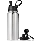 Neihepal 32 oz Insulated Water Bottle with 2 Lids (Straw & Spout Lid), 18/8 Stainless Steel Double Wall Water Bottles for Gym, Travel, Camping, Sports (Silver,1 Pack)