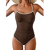 Eomenie Women's One Piece Swimsuit Tummy Control Slimming Bathing Suit Ruched Swimwear Tie Back Shell Stitch Swim Suit
