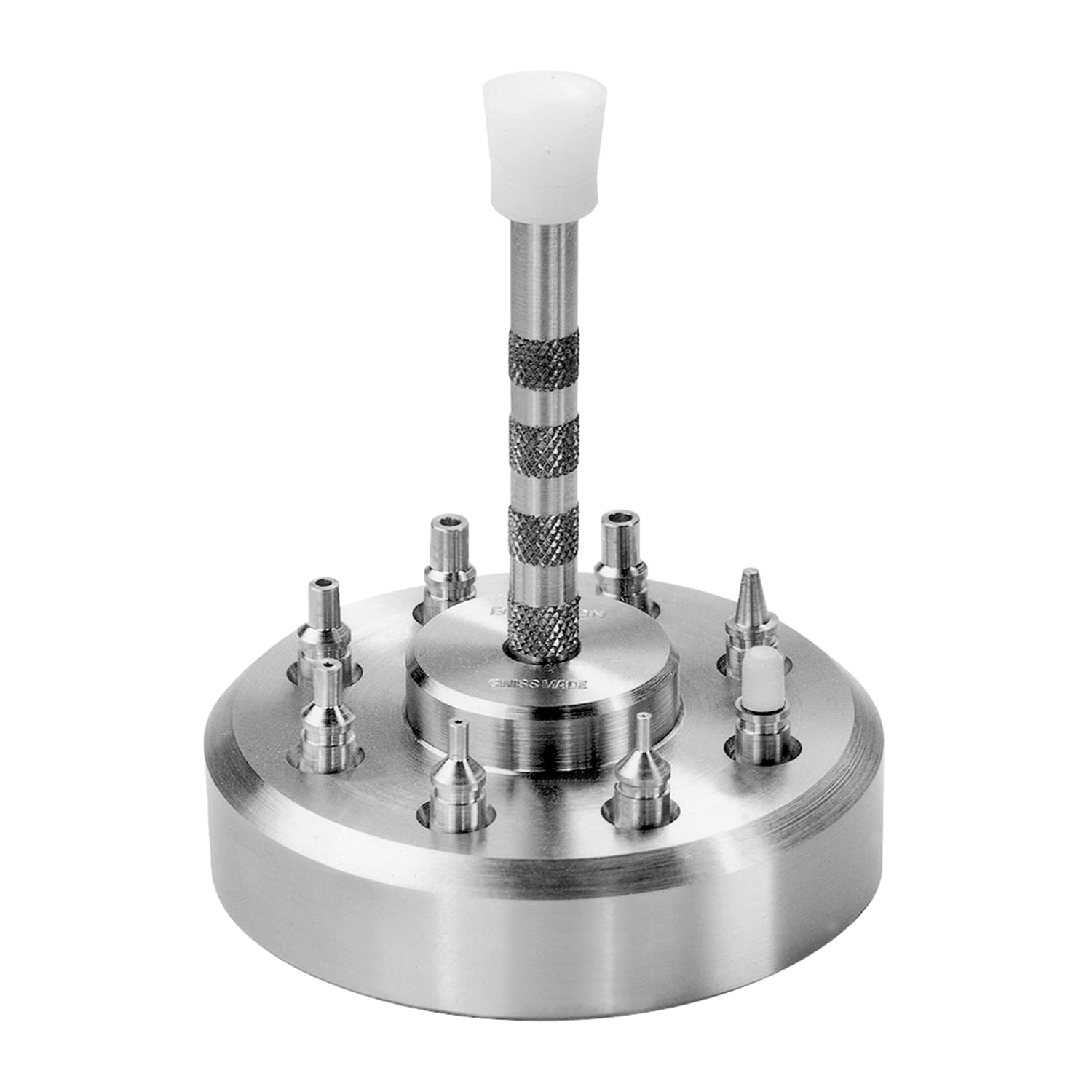 Bergeon 5378 Clock Hands Point Tool with 8 Press Stamps and Press Stamp Holder Brooch