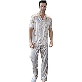 ShuiGod Men's Satin Pajama Set Short Sleeve Silky Pajama Pants Button Down Sleepwear Multicolor Silky Men's Pajama Set