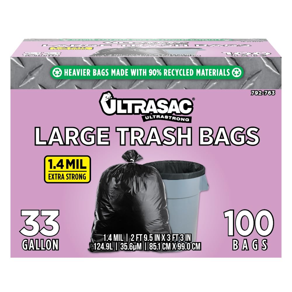 Aluf Plastics 792763 Ultrasac Heavy Duty Professional Quality Trash Bag, 33 Gallon Capacity, 39" Length x 33" Width, Large, Black (Case of 100)