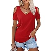 Amoretu Women's Short Sleeve Shirts Cold Shoulder Tops V Neck Blouse Tunic Shirts