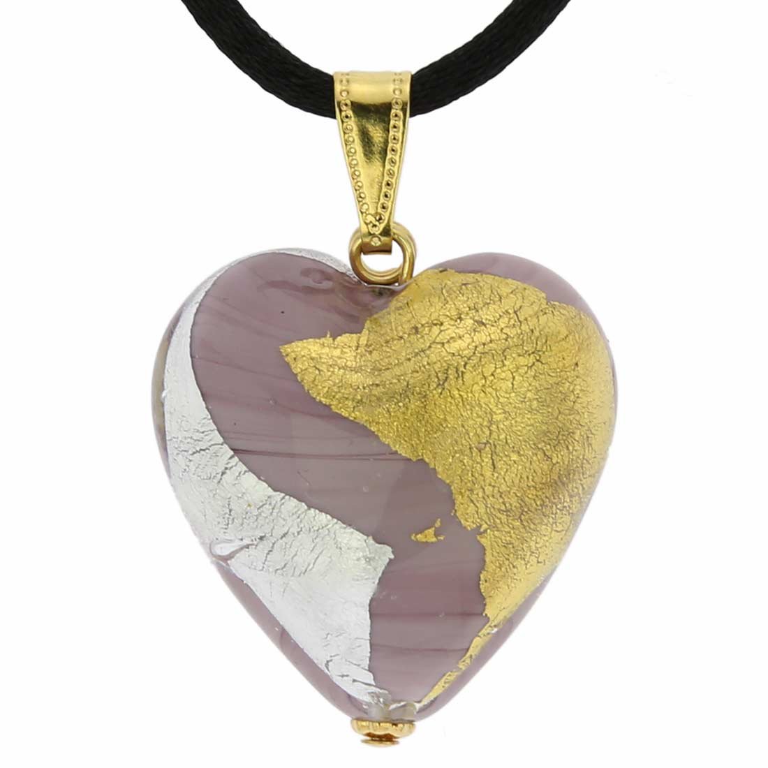 Glass Of Venice Murano Glass Heart Pendant - Purple Gold and Silver