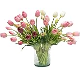 DUYONE 40Pcs Artificial Tulips Flowers, Soft Touch Realistic Latex Tulips Bouquet for Home Office Wedding Party Garden Decor, Fake Flowers for Dining Table Living Room Spring(Light Purple Set)