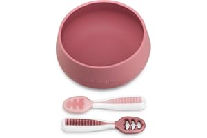 NumNum Baby Bowl & 2 Pack GOOtensils Baby Spoons, Suction Bowls for Baby 4+ Months, Extra Strong Non-Slip Suction, 100% Food-Grade Silicone, BPA-Free, Microwave & Dishwasher Safe (Mauve)