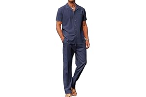 Yuyanrocks Men's 2 Piece Outfits Casual Beach Short Sleeve Button Down Shirts Loose Pant Sets Summer Vacation Walking Outfits