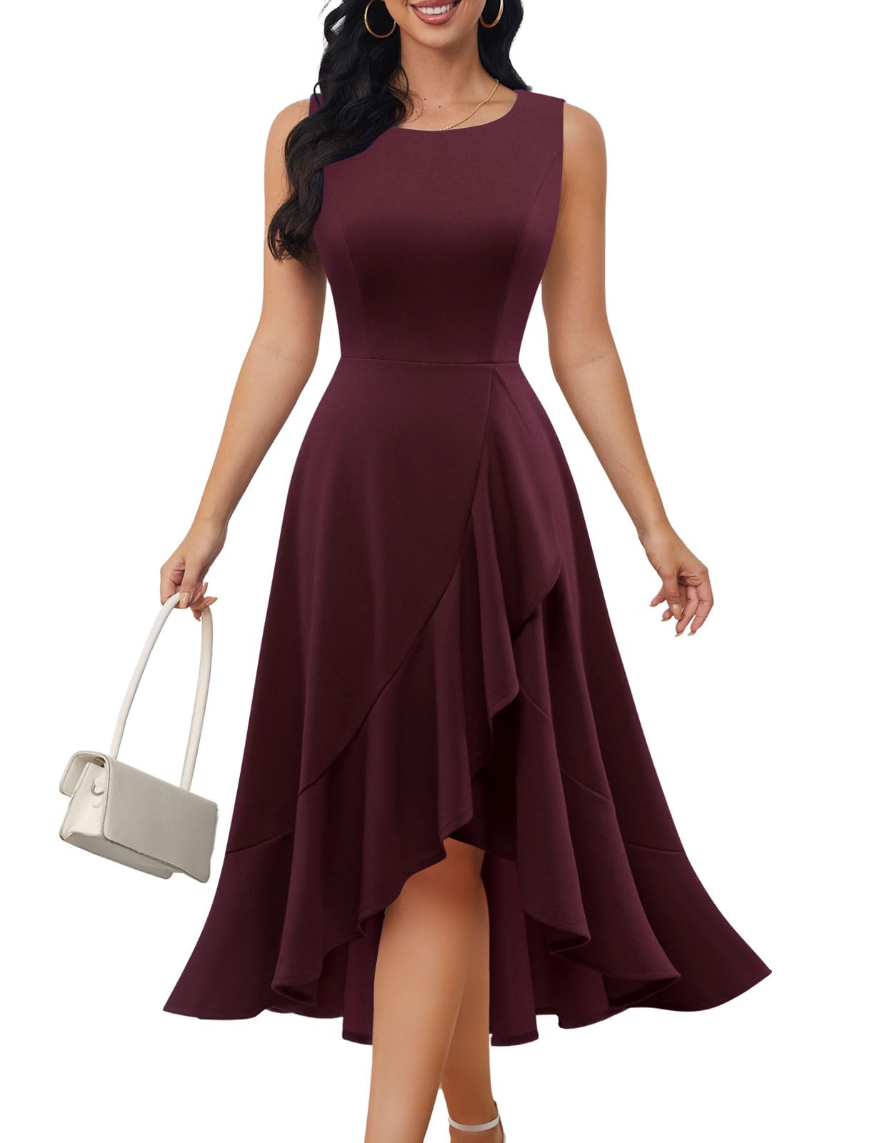 Photo 1 of (MEDIUM) (BAGGED) DRESSTELLS Red Valentine Dreses for Women, Cocktail Evening Party Dress, Formal Wedding Guest Fit Flare Tea Length Midi Dress Burgundy M
