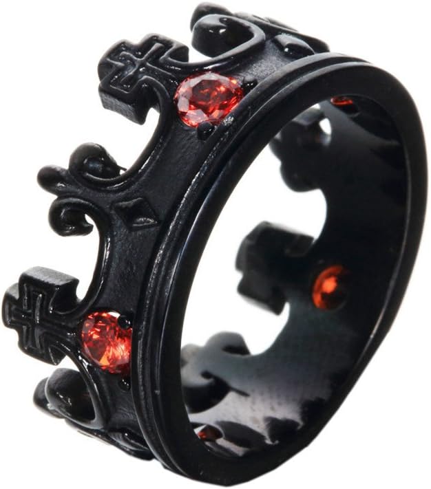 Men's Women's Stainless Steel Retro Royal King Crown Red Gemstone Inlaid Domineering Ring