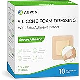 AUVON 3" x 3" Silicone Foam Dressing with Large Adhesive Border, 10 Packs | Wound Dressing Pads with High Absorbency, Waterproof for Wound Care &amp; Protection Plus Cushioning, Skin-Friendly, Easy Off