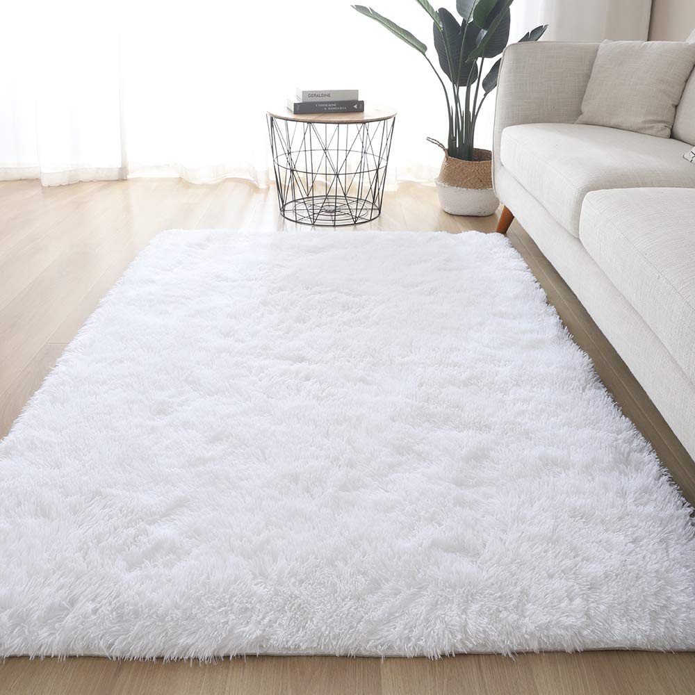 LDUSA HOME Fluffy Rug Faux Fur Rug for Living Room, Soft Area Rug Anti-Skid Yoga Mat Bedroom Floor Sofa Shaggy Silky Plush Carpet, White Color, 120cm x 160cm