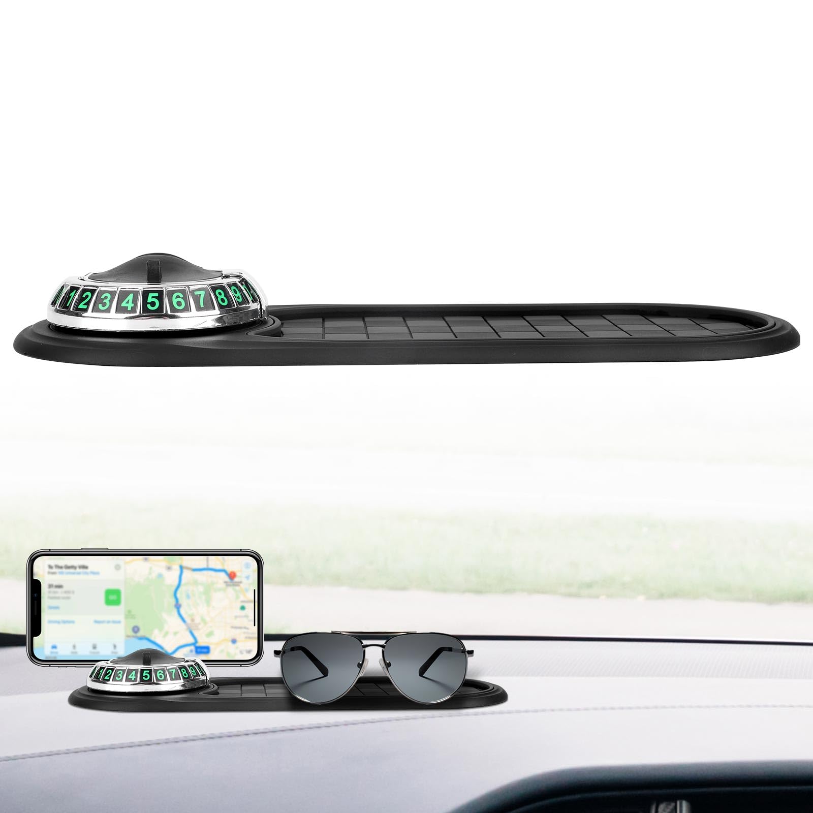 BOXOB Multifunction Car Anti-Slip Mat with 360° Rotating Auto Phone Holder, Universal Dashboard Organizer Pad with Temporary Parking Number for Phones Keys Sunglasses Gadgets (Gray Silver)