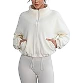 Women's Full Zip Fleece Short Jacket with Pockets Stand Collar Long Sleeve Zip Up Warm Winter Sherpa Cropped Coat