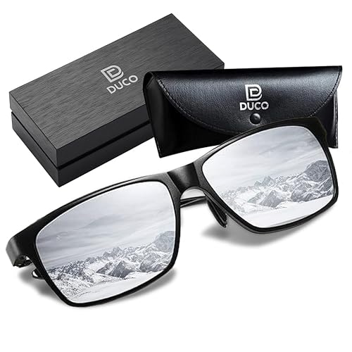 DUCO Sunglasses for Men Carbon Fiber Temples with Rectangular Polarized Metal Frame Sunglasses DC8206 (Black Frame Silver Lens)