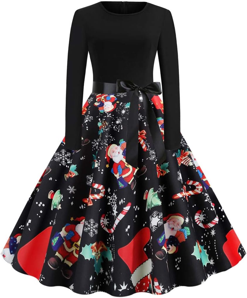 NEEDRA Women's Retro O Neck Butterfly Musical Note Printed Evening Dress