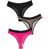 BEAUDRM Women's 3 Pack Thongs Sets Leopard Print Lace Trim Low Rise Panties Seamless Bow Briefs Thong Underwear