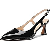TNYNFBEB Womens Kitten Heel Pointed Toe Pumps Sliver Beaded Slingback Slip-on Buckle Prom Dress Basic Classic Patent Leather Summer 2.6 Inches Heels