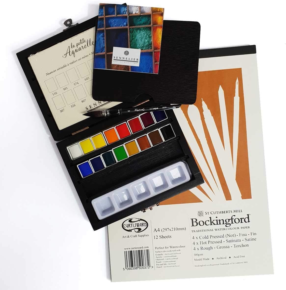 Sennelier Watercolour Wooden Box Set of 16 Half Pans & Curtisward Bockingford Mix Paper Artists Pad A4