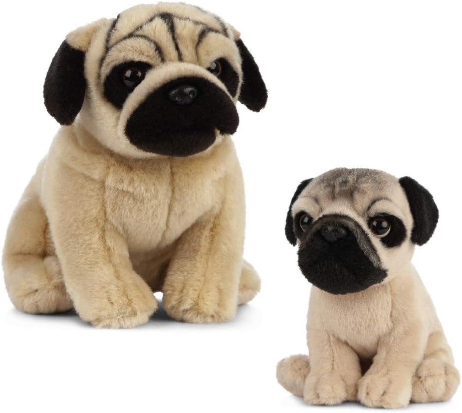 Living Nature Plush Pug Dog & Puppy Bundle 20cm 16cm Brown Realistic Toy