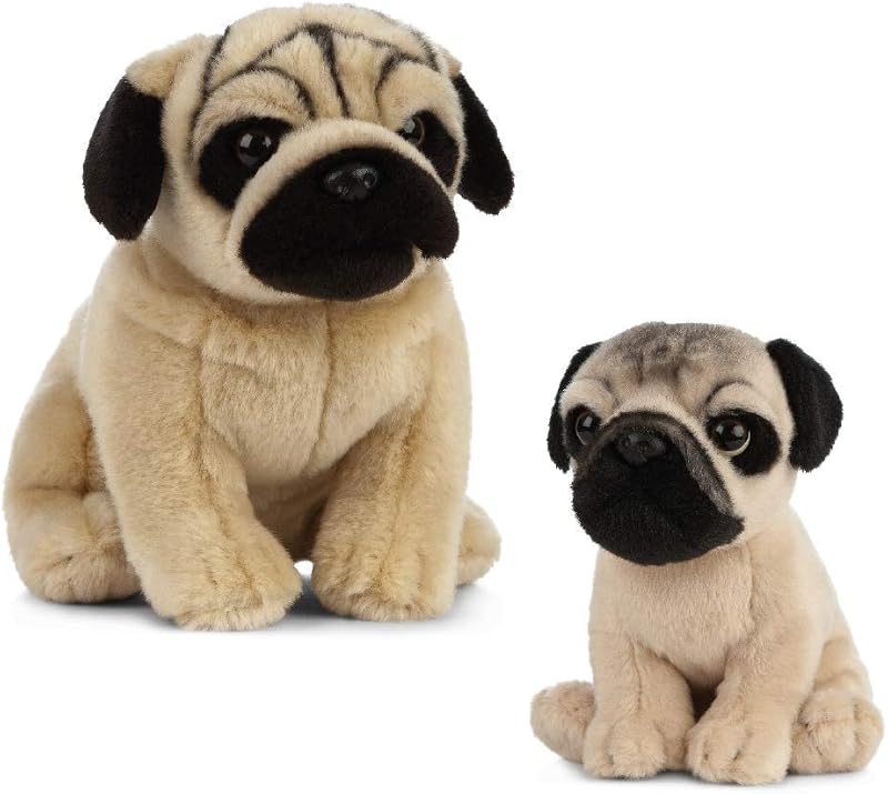 Living Nature Plush Pug Dog & Puppy Bundle 20cm 16cm Brown Realistic Toy