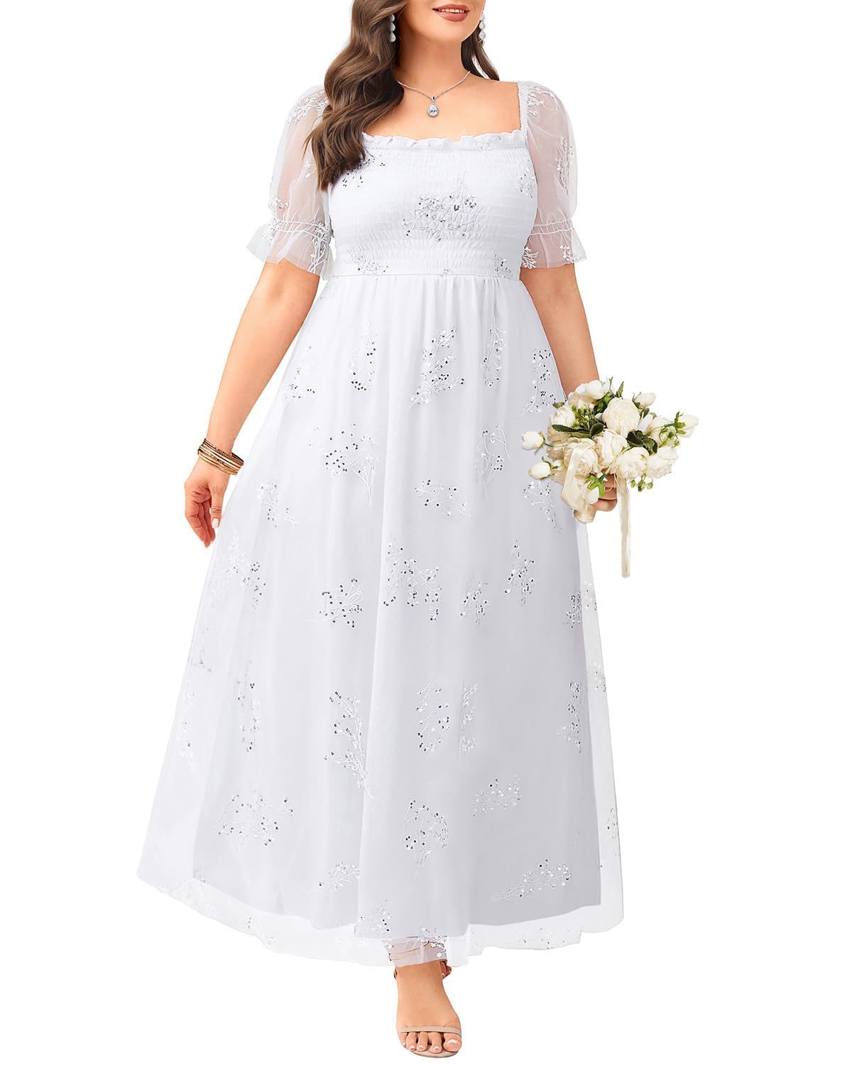 Photo 1 of Plus Size White Dress Women Wedding Bride Tulle Embroidered Long Bridal Shower Smocked Puff Sleeve Graduation Maxi Dress