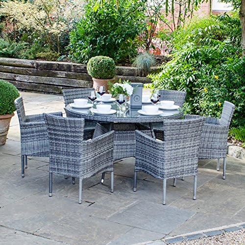 Zebrano Sophia 6 Seat Dining Set for Rattan Outdoor Patio Garden with Grey Round 1.3m Table & Stacking Armchairs