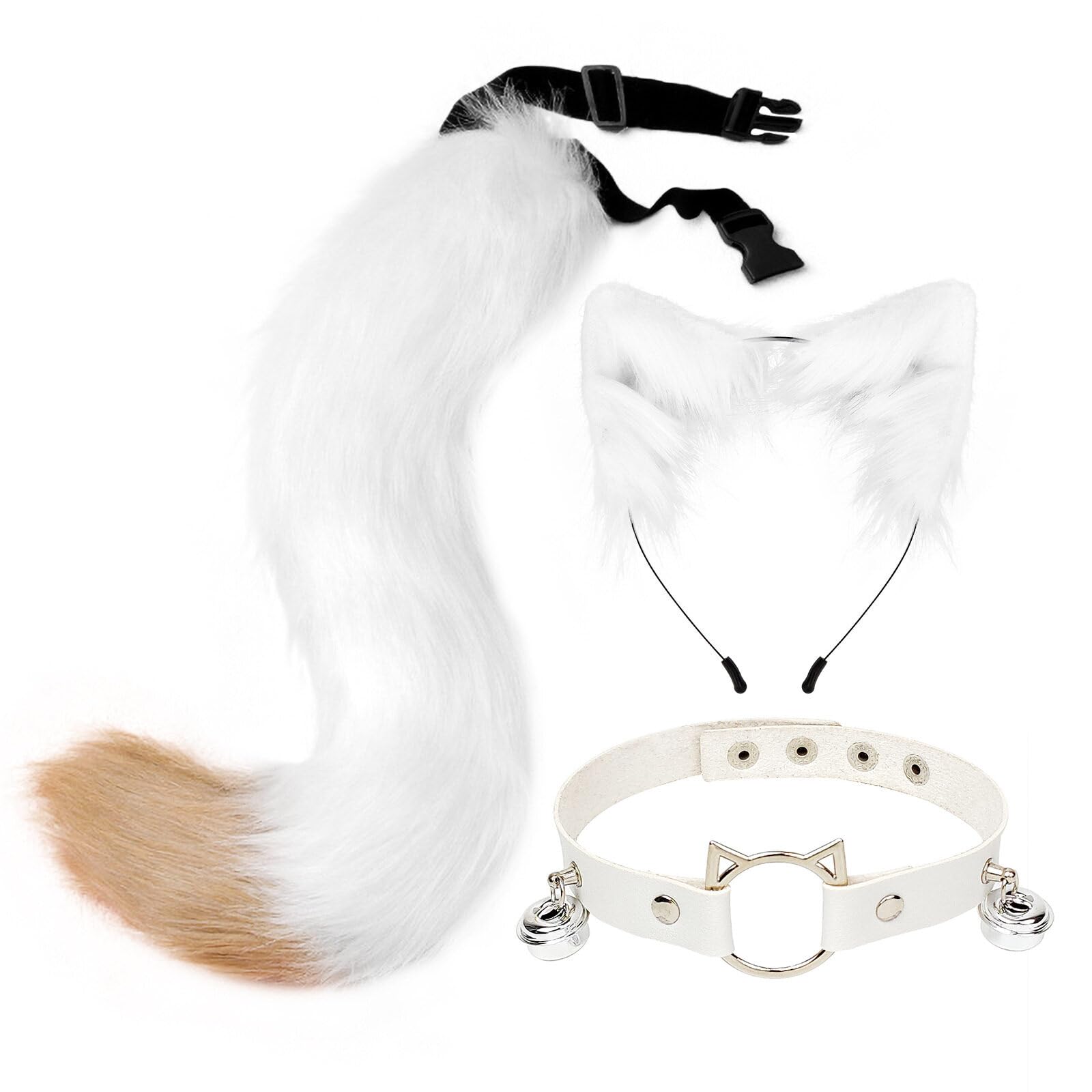Tail and Ears Set Long Fox Tail Cosplay Faux Fur Furry Fox Wolf Tail Kit with Ears and Bells Collar for Anime Fancy Dress Party Halloween Christmas Dress Up Carnival Role Play