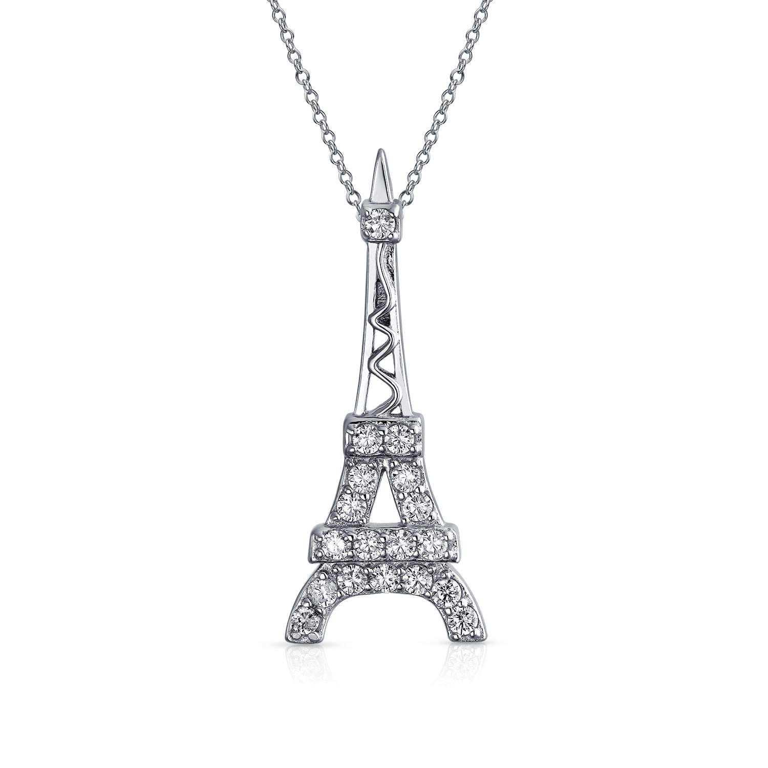 Bling Jewelry Cubic Zirconia Pave French Vacation CZ Accent Dangling Paris France Eiffel Tower Pendant Necklace For Women Teen Oxidized .925 Sterling Silver — image 1