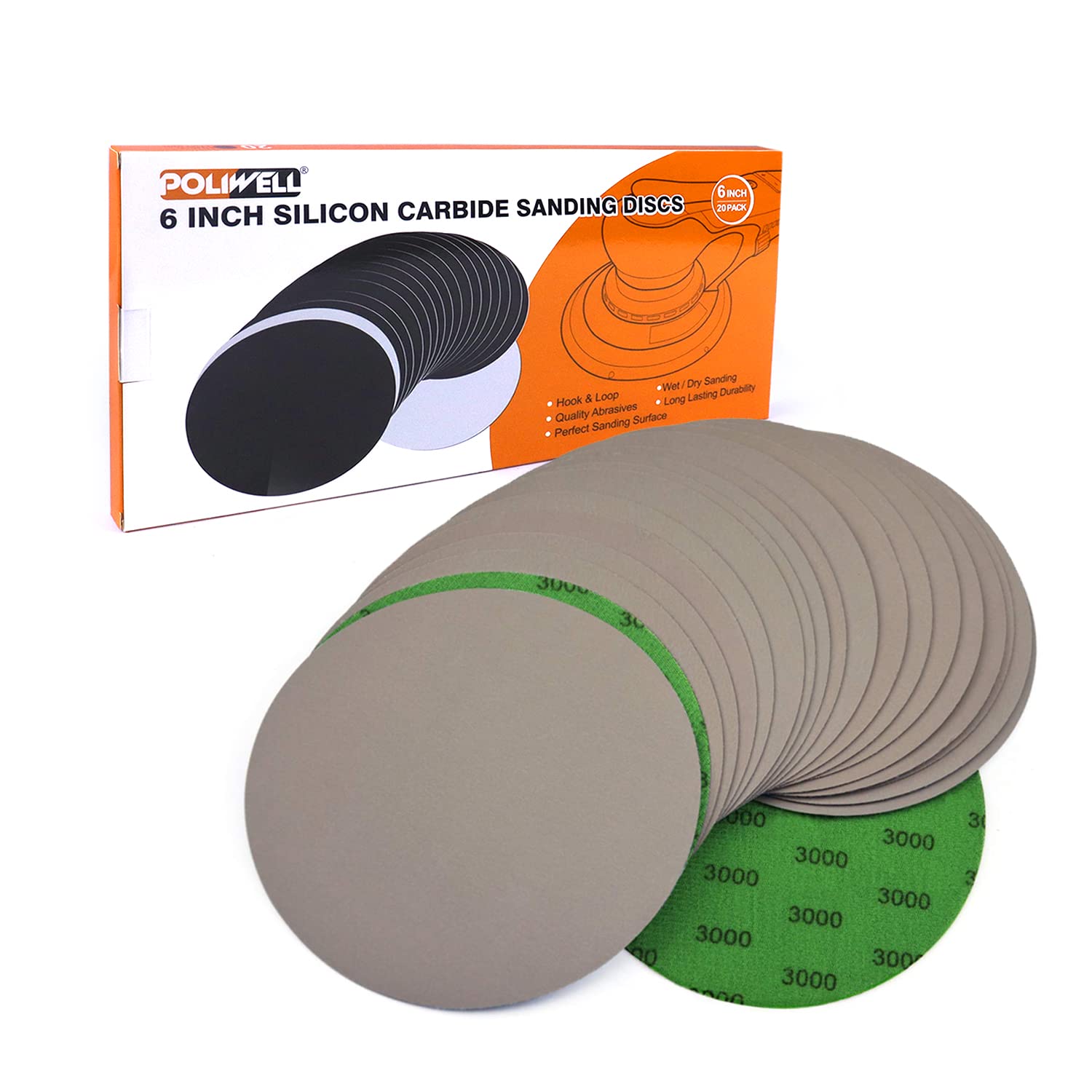 6 Inch (150mm) 3000 Grit High Performance Waterproof Hook & Loop Sanding Discs Heavy Duty Silicon Carbide Round Flocking Sandpaper for Wet/Dry Sanding Grinder Polishing Accessories, 20-Pack