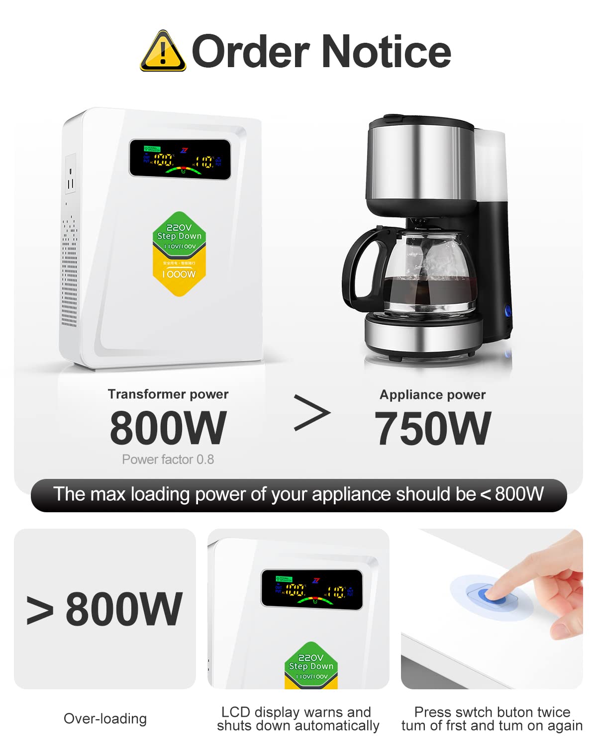 220v to 110v Step Down Transformer 1000W Power Voltage Converters, No Noise, Ten Protection Functions, Suit for Coffee Machines, Rice Cookers and Other US Appliances Used in Europe