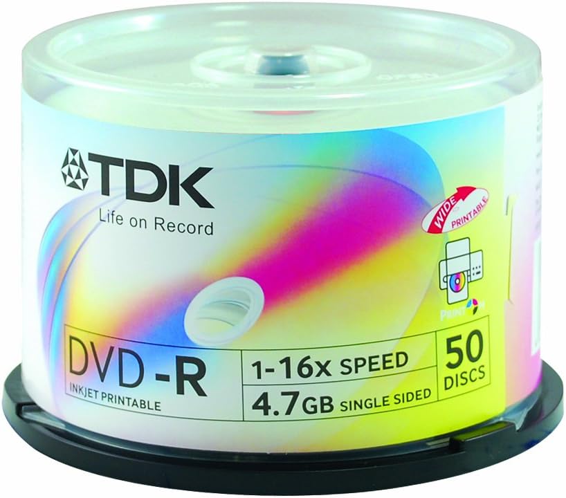 Tub of 50 RiTEK F1 - TDK DVD-R 4.7GB 16X Inkjet Printable White Top ...