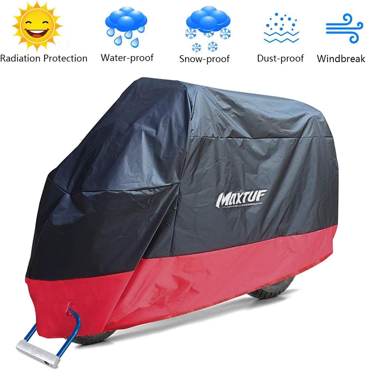 Motorcycle Cover, MAXTUF Oxford Fabric 245x105x125CM Waterproof Breathable Motorbike Cover Dust Rain Sun Protection with Lock Holes for Norton, BSA, TRIUMPH, ABC, Honda, Yamaha, Suzuki, Harley SIZE XL
