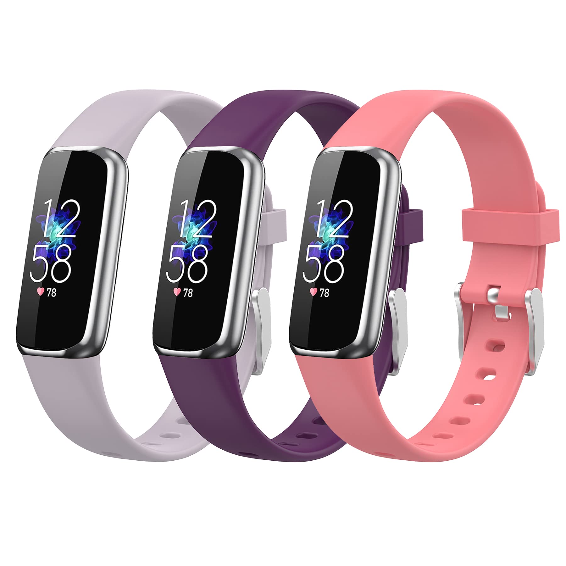 SenMore 3 Pieces Watchband for Fitbit Luxe, Waterproof, Sweatproof and Breathable Color Soft Silicone Replacement Strap (6.1 "- 8.7")