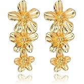 JGHIFLYE Chunky Dangle Flower Earrings for Women, Boho Statement Elegant Vintage Thick Unique Gold Floral Jewelry Petal Earrings for Party Wedding