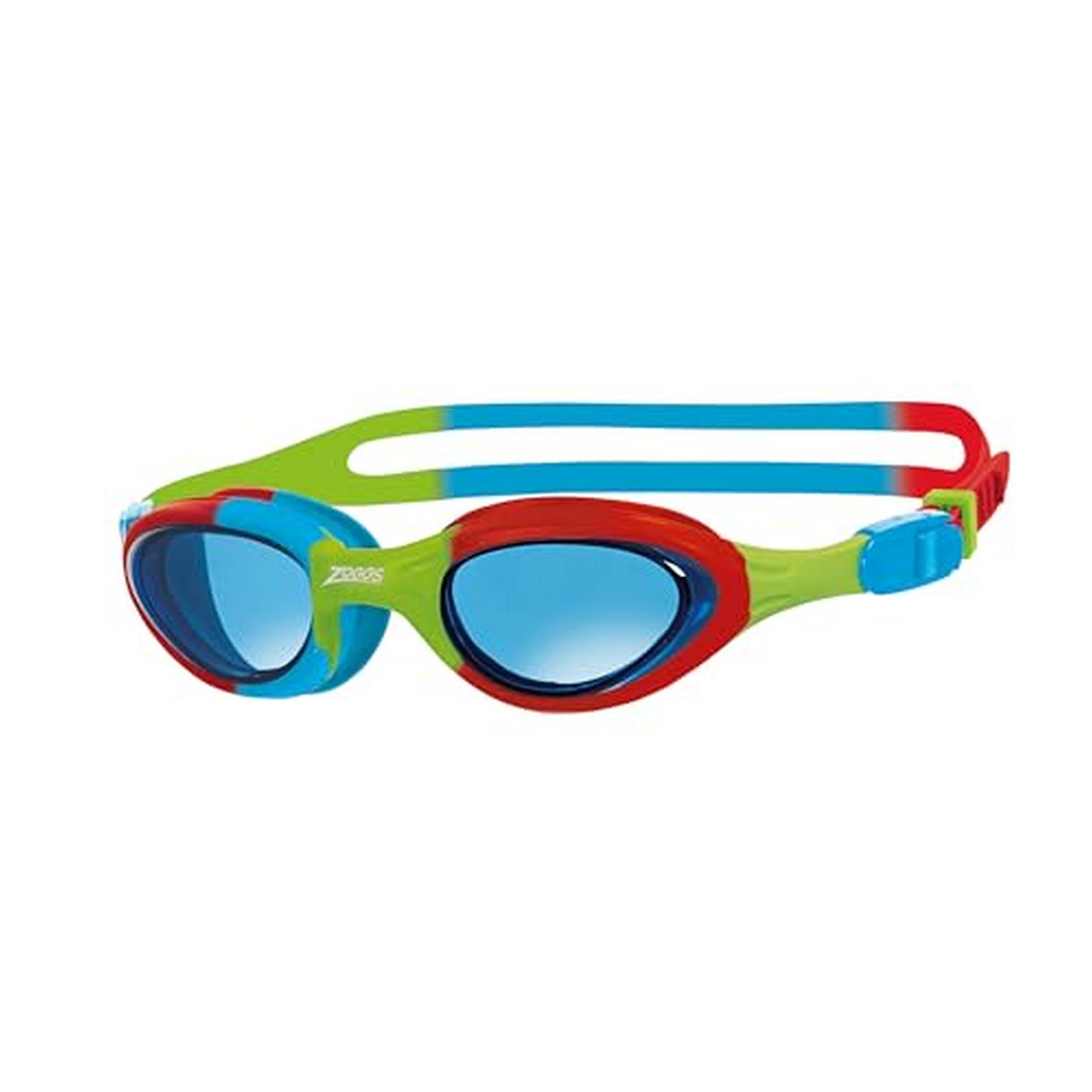 Zoggs Super Seal Swimming Goggles Kids (Age 6-14, Blue Tinted Lens, Red/Green/Blue) UV Protection, Anti-Fog, Junior Boys & Girls Quick Adjust, Split Yoke Strap, Kids Goggles