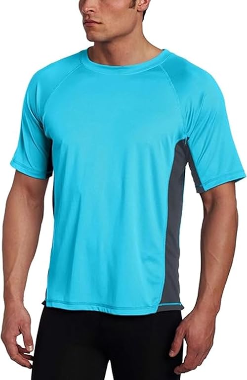 Kanu Surf Men's Standard Short Sleeve UPF 50 Swim Rash Guard Sun Shirt (Regular & Extended Sizes), Neon Blue/Charcoal, Small