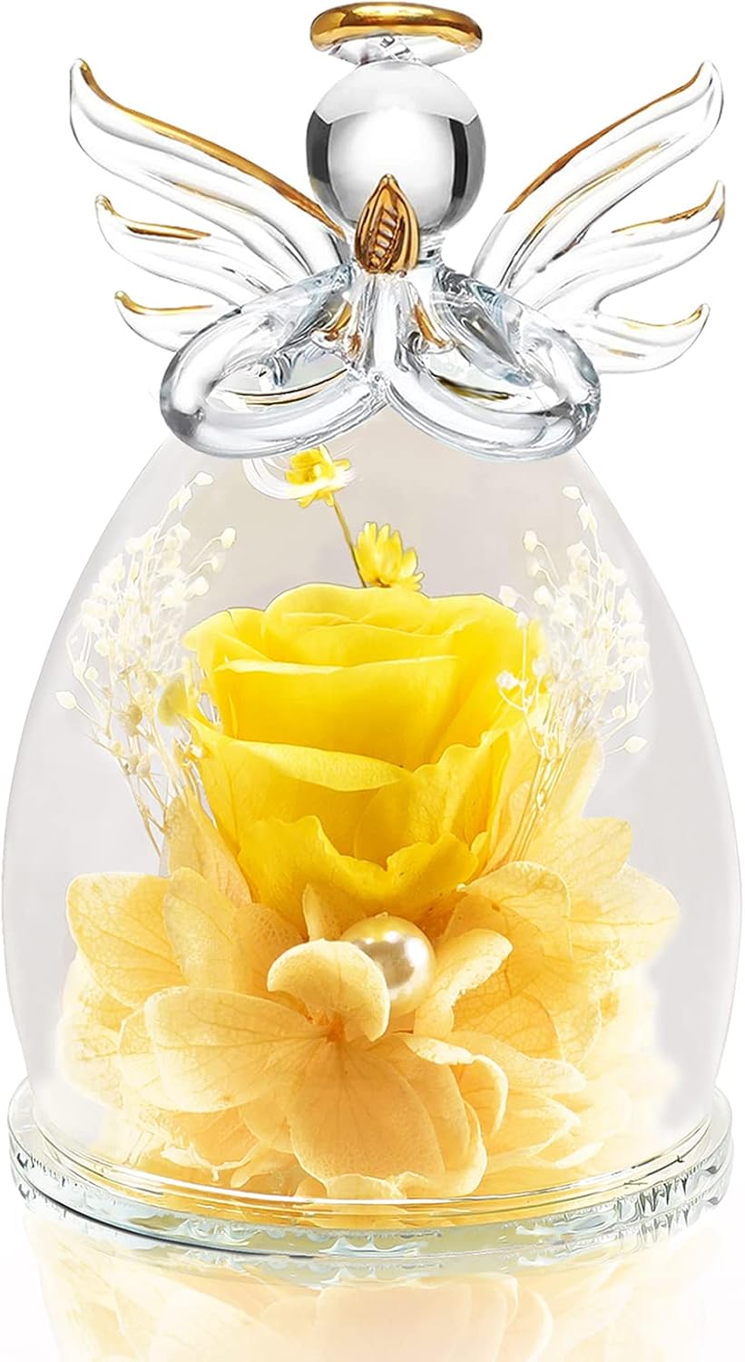 Dried & Preserved Flora - Aastin Mom Grandma Rose Gifts on Mother's Day, Angel Gifts for Women, Preserved Real Rose in Glass Angel Figurine on Valentine's Day Anniversary Birthday Thanksgiving Christmas (Yellow)