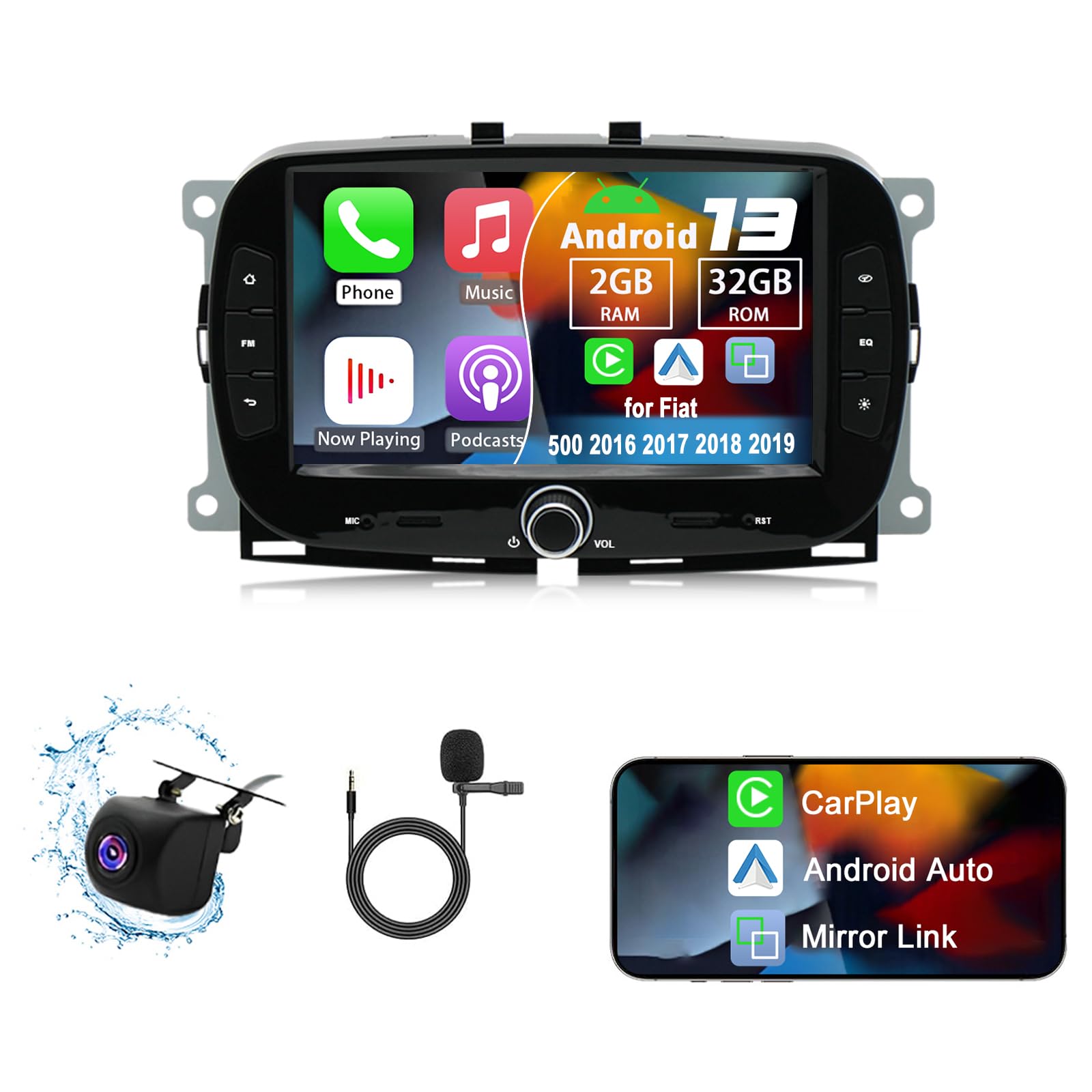 Photo 1 of Slakerbe Android 13 Car Radio Compatible with Fiat 500 2016 2017 2018 2019, 7" Touch Screen Car Stereo Radio with Wireless Carplay Android Auto GPS WiFi Mic Backup Camera