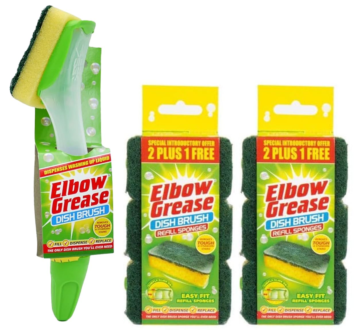 Elbow Grease Fillable Washing Up Brush with Sponge- Ergonomic design handle - with 6X Elbow Grease Sponge Refills