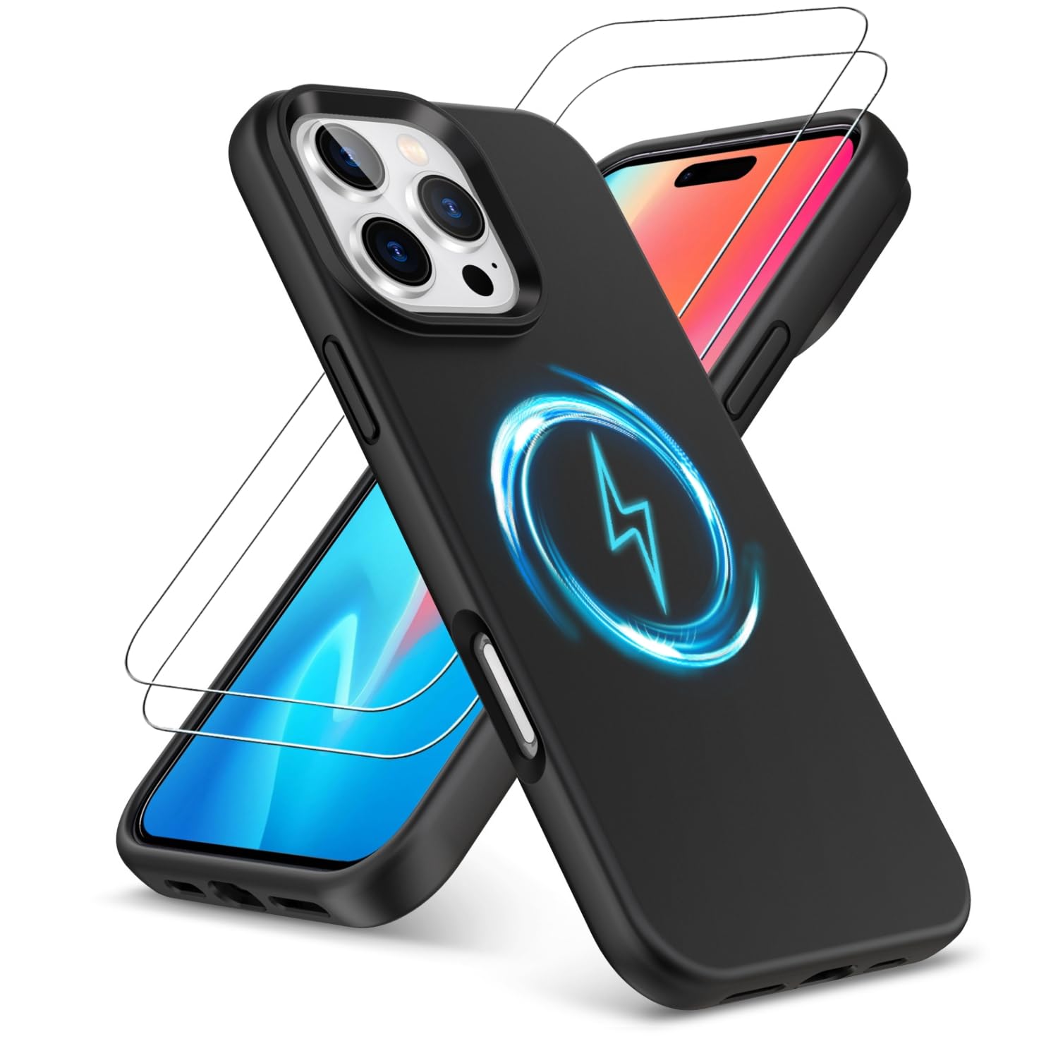 PIXFAB for iPhone 16 Pro Max Case with 2 x Screen Protector Tempered Glass, [Compatible with Magsafe] Liquid Silicone Shockproof Armour Protective [Soft Touch] Rubber Gel Phone Cover - Black