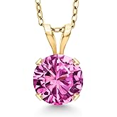 Gem Stone King 14K Yellow Gold Pink Created Sapphire Pendant Necklace for Women | 1.00 Cttw | Gemstone September Birthstone | Round 6MM | With 18 Inch Silver Chain