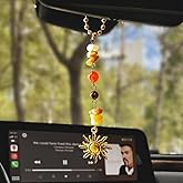 Sun Moon Car Charm Hanging, Boho Dangling Automotive Decor-Rear View Mirror Decoration with Handmade Healing Crystals Stones, Cute Interior Ornament Car Accessories