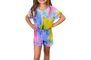 Ecokauer Girls Kids Summer Short Sleeve Rompers One Piece Jumpsuits with Tie Dye Print Fashion Outfits