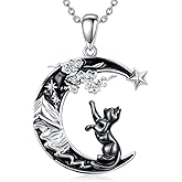 Dralox 925 Sterling Silver Cat/Bat Moon Pendant Necklace Moon Pendant for Her, Gothic Necklace Crescent Jewelry Gifts 18+2 Inch