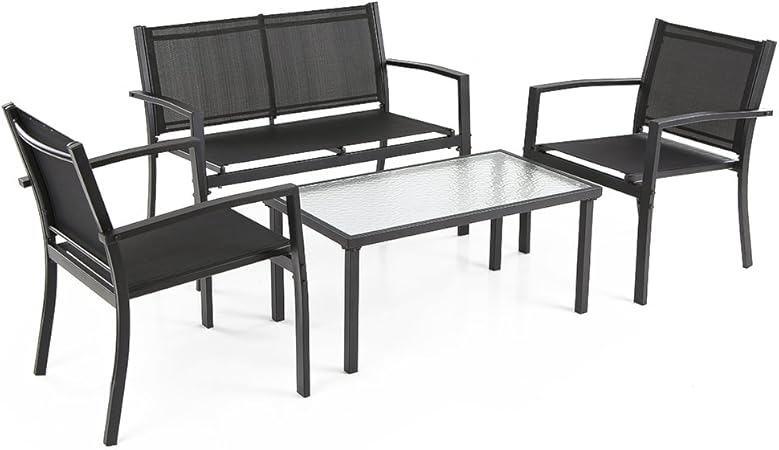 Amazon Com Ikayaa 4pcs Outdoor Patio Furniture Set Tempered Glass Table Textilene Loveseat Chairs Steel Frame Garden Outdoor
